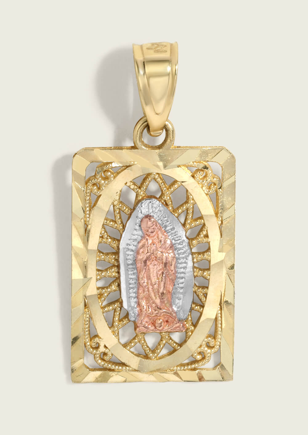 14k Virgen de Guadalupe Diamond-Cut Filigree Square Pendant