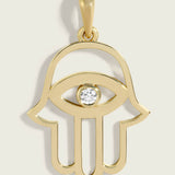 Large 14k Gold Solitaire Round Diamond Hamsa Pendant