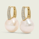 Pave Diamond Freshwater Pearl Drop Huggie Hoop Earrings